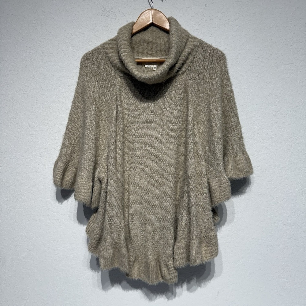 Anthropologie Falling Snow Ruffled Turtleneck Poncho Sweater One Size Beige‎ - Picture 2 of 14